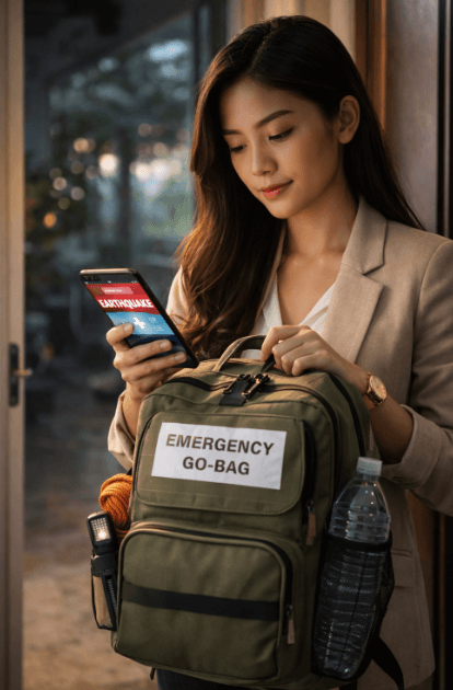 Infografis trik awasi bencana alam yang menampilkan warga menerapkan jurus pantau gempa megathrust Sulut.