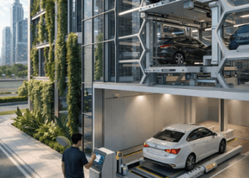 Fasilitas Parkir Pintar Medan yang menggunakan sistem lift robotik untuk memaksimalkan kapasitas kendaraan pada lahan perkotaan yang terbatas.