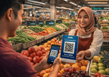 Pedagang sedang melayani transaksi pembayaran menggunakan sistem Pasar Digital Medan yang sangat memudahkan pembeli.