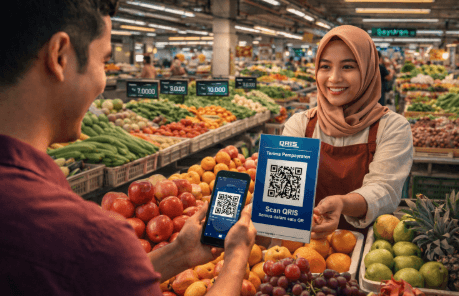 Pedagang sedang melayani transaksi pembayaran menggunakan sistem Pasar Digital Medan yang sangat memudahkan pembeli.