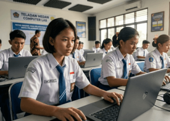 Suasana pelaksanaan Tes Kemampuan Akademik (TKA) SMP 2026 menggunakan perangkat digital di laboratorium komputer sekolah.