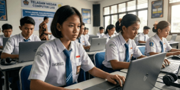 Suasana pelaksanaan Tes Kemampuan Akademik (TKA) SMP 2026 menggunakan perangkat digital di laboratorium komputer sekolah.