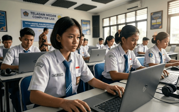 Suasana pelaksanaan Tes Kemampuan Akademik (TKA) SMP 2026 menggunakan perangkat digital di laboratorium komputer sekolah.