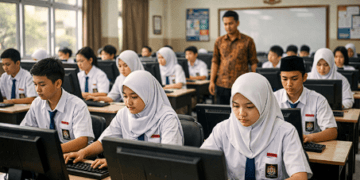 Siswa SMP sedang mengikuti Pelaksanaan TKA SMP dengan pengawasan ketat dari pihak sekolah.