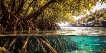 Hutan mangrove yang rimbun sebagai bagian penting dari keseimbangan ekosistem kampung nelayan.