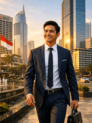 Ilustrasi seorang profesional muda yang sedang mengeksplorasi peluang karir setelah lulus magister jalur beasiswa pemerintah.