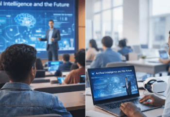 Mahasiswa sedang menerapkan Metode Belajar Kampus hibrida yang menggabungkan kenyamanan belajar dari rumah dengan diskusi intensif di kelas.