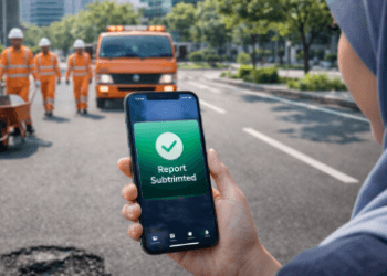 Seorang warga menggunakan fitur Pengaduan Waktu Nyata Medan untuk melaporkan kerusakan fasilitas umum di jalan raya pusat kota.