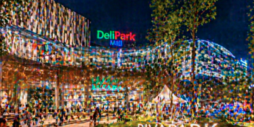 Pemandangan area luar DeliPark Mall Medan yang menawarkan konsep ruang terbuka hijau di tengah kemegahan gedung.