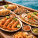 Aktivitas Wisata Kuliner Belawan yang menawarkan pengalaman makan seafood segar langsung di atas kapal nelayan tradisional.