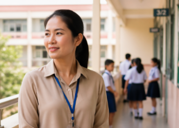 Petugas pendidik yang sedang menjalankan fungsi Pengawasan Guru di Sekolah di area koridor lantai atas.