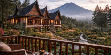 Salah satu penginapan di Berastagi yang menawarkan fasilitas mewah dengan pemandangan langsung ke Gunung Sibayak.