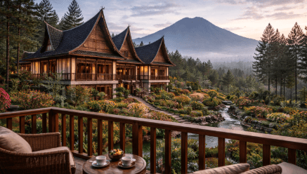 Salah satu penginapan di Berastagi yang menawarkan fasilitas mewah dengan pemandangan langsung ke Gunung Sibayak.