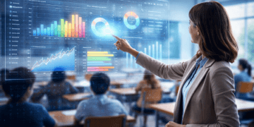 Visualisasi peran teknologi AI dalam prediksi kelulusan melalui analisis data siswa secara digital dan futuristik.