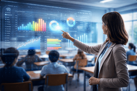 Visualisasi peran teknologi AI dalam prediksi kelulusan melalui analisis data siswa secara digital dan futuristik.