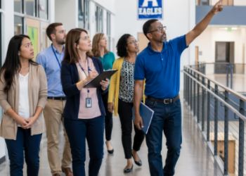 Aksi nyata mengenai Peran Komite Sekolah saat melakukan inspeksi keselamatan fasilitas balkon di lantai atas.