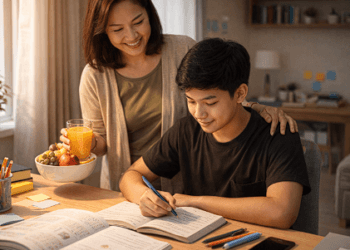 Bentuk nyata peran orang tua dalam mendukung anak melalui pemberian asupan nutrisi dan semangat saat belajar.