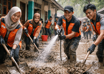 Kelompok relawan muda dari berbagai komunitas di Sulawesi Tengah sedang bergotong royong membersihkan sisa lumpur banjir di fasilitas umum.