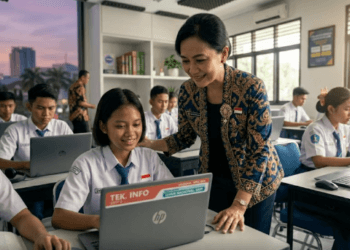 Deretan laptop dan perangkat jaringan di laboratorium komputer sekolah untuk mendukung pelaksanaan TKA SMP 2026.