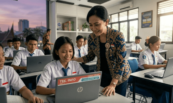 Deretan laptop dan perangkat jaringan di laboratorium komputer sekolah untuk mendukung pelaksanaan TKA SMP 2026.