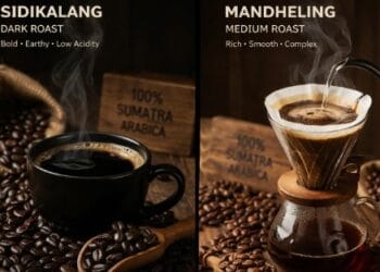 Perbandingan biji kopi Sidikalang dan Mandheling untuk melihat perbedaan fisik dan hasil seduhan.