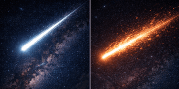 Perbandingan visual antara penampakan meteor yang cepat dan sampah antariksa yang bergerak lambat serta pecah.