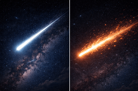 Perbandingan visual antara penampakan meteor yang cepat dan sampah antariksa yang bergerak lambat serta pecah.