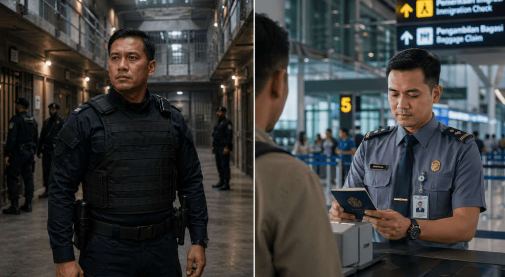Foto perbandingan visual petugas penjaga tahanan dan petugas pemeriksa keimigrasian kementerian hukum saat menjalankan tugas negara,