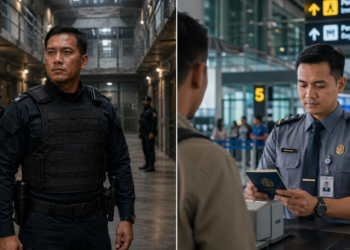Foto perbandingan visual petugas penjaga tahanan dan petugas pemeriksa keimigrasian kementerian hukum saat menjalankan tugas negara,