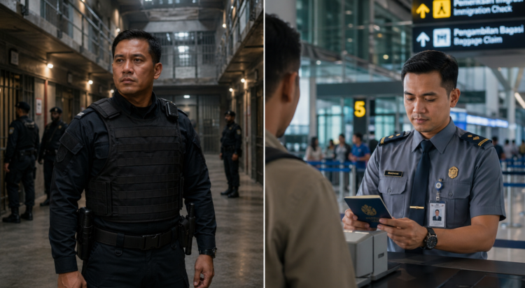 Foto perbandingan visual petugas penjaga tahanan dan petugas pemeriksa keimigrasian kementerian hukum saat menjalankan tugas negara,