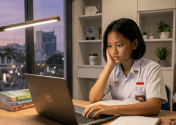 Seorang siswa sedang melakukan persiapan TKA SMP 2026 dengan belajar tekun di depan laptop.