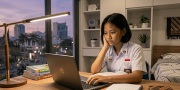 Seorang siswa sedang melakukan persiapan TKA SMP 2026 dengan belajar tekun di depan laptop.
