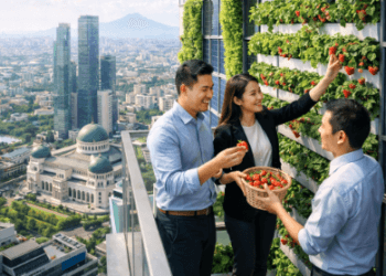 Penerapan sistem Pertanian Vertikal Medan pada fasad gedung perkantoran guna menciptakan ruang terbuka hijau yang produktif.