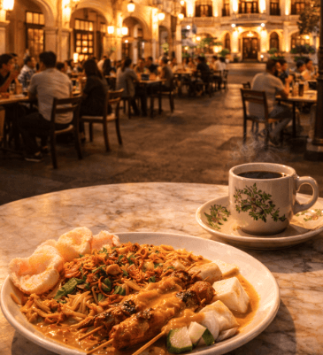 Pemandangan malam yang indah di Pesona Kuliner Sejarah Kesawan yang memadukan kelezatan makanan dan keanggunan arsitektur kolonial.
