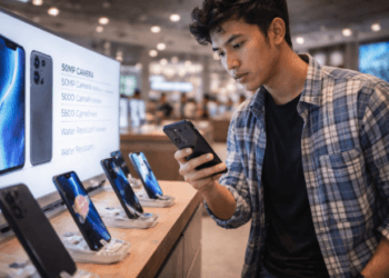 Infografis trik beli telepon seluler tahan lama yang menampilkan mahasiswa mencari ponsel mahasiswa kencang.