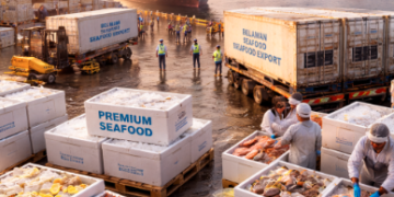 Proses pengiriman kontainer berpendingin untuk kegiatan Ekspor Hasil Laut Belawan menuju pasar Asia dan Eropa.