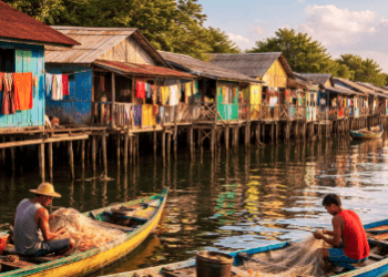 Deretan rumah panggung tradisional di Kampung Nelayan Belawan yang menunjukkan ciri khas arsitektur pesisir Sumatera Utara.