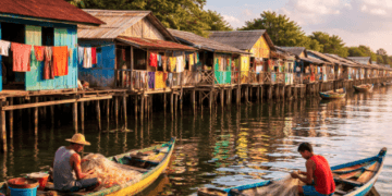 Deretan rumah panggung tradisional di Kampung Nelayan Belawan yang menunjukkan ciri khas arsitektur pesisir Sumatera Utara.