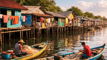 Deretan rumah panggung tradisional di Kampung Nelayan Belawan yang menunjukkan ciri khas arsitektur pesisir Sumatera Utara.