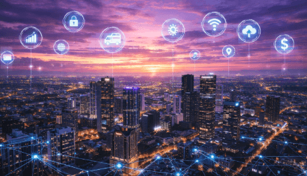 Gambaran Masa Depan Blockchain yang mengintegrasikan seluruh layanan kota pintar di Medan dalam satu jaringan digital terpadu.