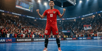 Evan Soumilena saat melakukan selebrasi setelah mencetak gol penting untuk Timnas Futsal Indonesia di Kejuaraan ASEAN.