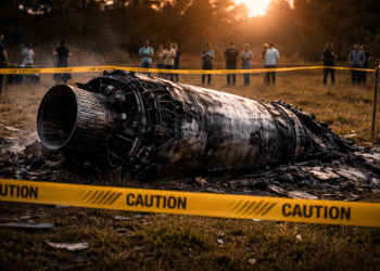 Ilustrasi pemasangan garis pembatas di sekitar penemuan puing antariksa untuk keamanan masyarakat.