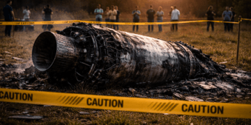 Ilustrasi pemasangan garis pembatas di sekitar penemuan puing antariksa untuk keamanan masyarakat.