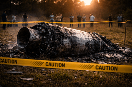 Ilustrasi pemasangan garis pembatas di sekitar penemuan puing antariksa untuk keamanan masyarakat.