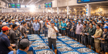 Suasana dinamis sistem lelang ikan Belawan yang menjamin harga adil bagi nelayan dan pedagang.