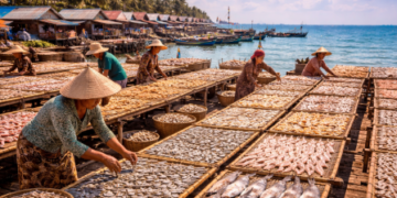 Proses penjemuran ikan asin tradisional yang menjadi penggerak utama ekonomi kampung nelayan.