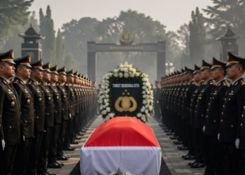 Barisan personel Polri saat memberikan Penghormatan Brigjen Raziman Tarigan dalam upacara pelepasan jenazah secara kedinasan.