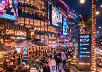 Gemerlap lampu malam di Pusat Gaya Hidup Milenial Medan yang menjadi titik kumpul favorit anak muda setiap akhir pekan.