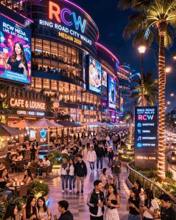 Gemerlap lampu malam di Pusat Gaya Hidup Milenial Medan yang menjadi titik kumpul favorit anak muda setiap akhir pekan.