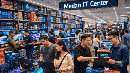 Kesibukan transaksi di Pusat Grosir Komputer Medan yang menawarkan berbagai perangkat teknologi dengan harga paling kompetitif bagi warga.